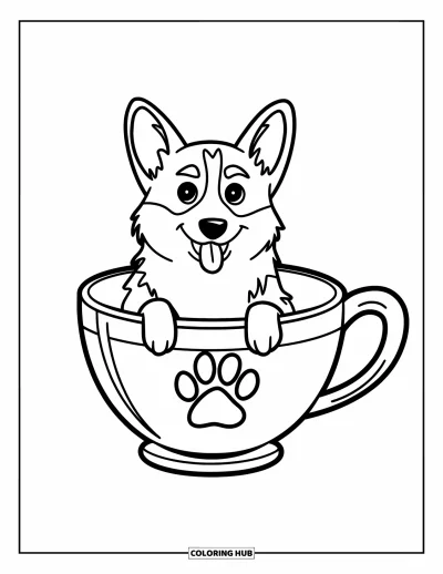 Coloriage de corgi pour enfants : Un corgi se prélasse à l’intérieur d’une tasse à thé, profitant de l’espace confortable avec un design simple