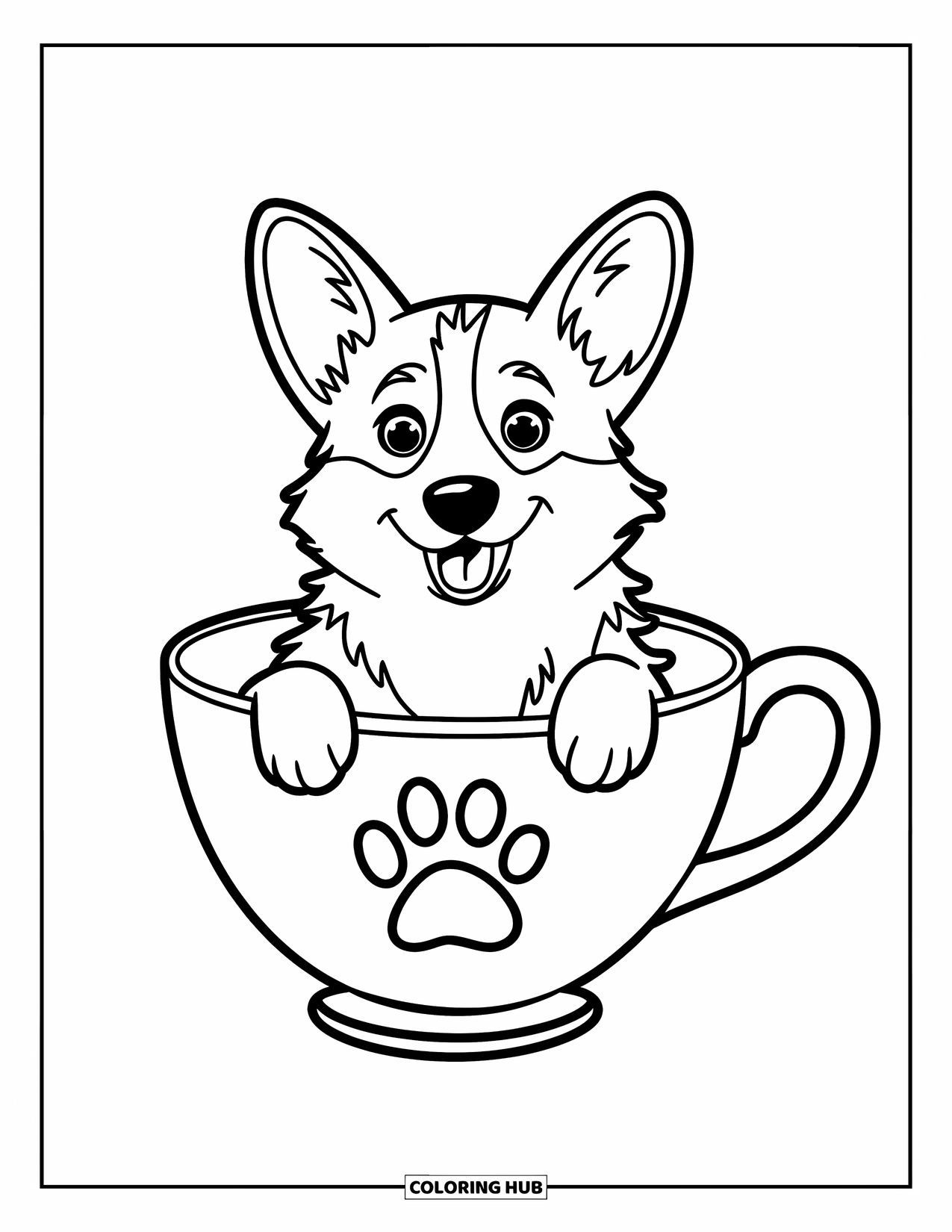 Corgi Coloring Page for Kids: A corgi peeks out from inside a giant teacup with a cute paw print design