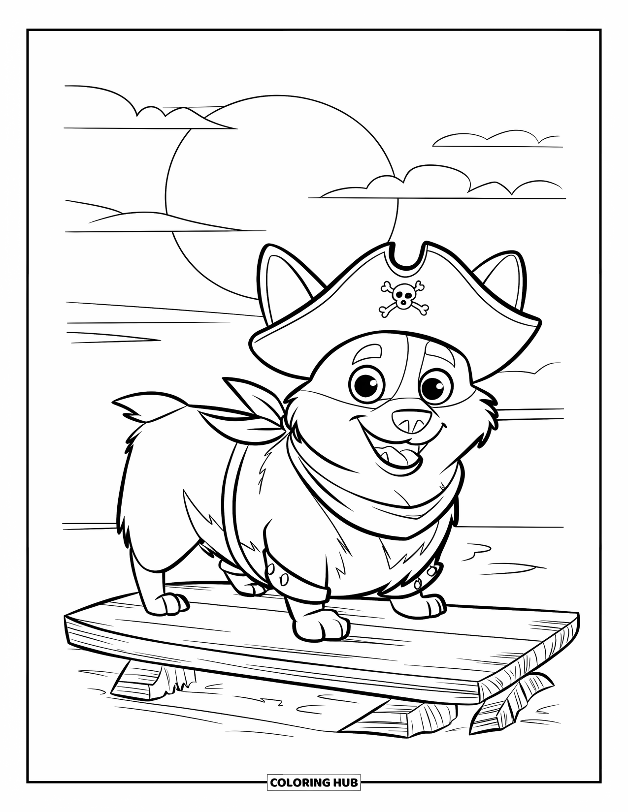 Corgi Coloring Page for Kids: A corgi pirate with a hook for a leg stands on a plank under an ominous moonlit sky