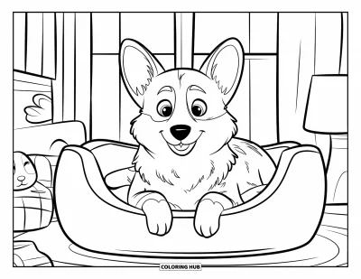 Coloriage de corgi pour enfants : Un corgi se détend dans un panier pour chien moelleux près d’une fenêtre avec une vue paisible
