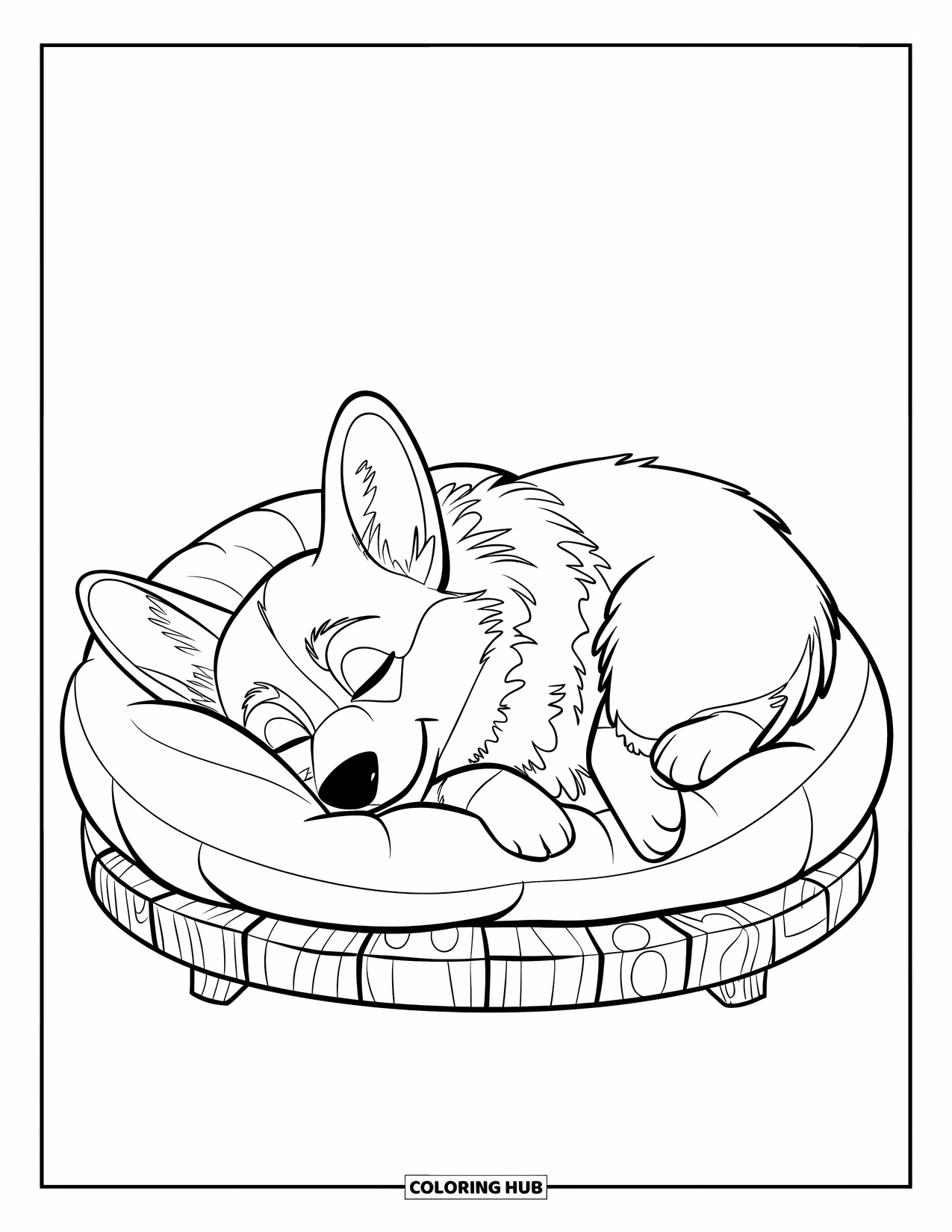 Corgi Coloring Page for Kids: A corgi rests its head on a pillow, snuggled up in a round sleeping shape