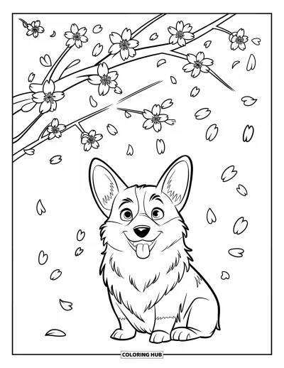 Coloriage de corgi pour enfants : Un corgi se repose sous un cerisier en fleurs tandis que de doux pétales dérivent dans l’air