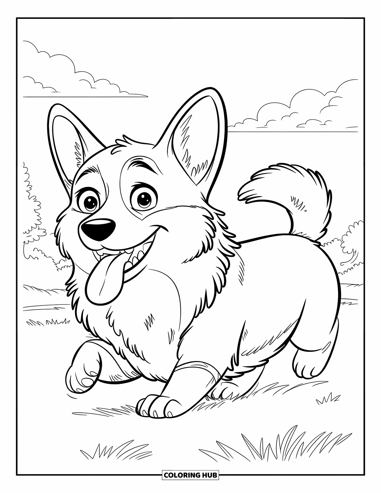 Corgi Coloring Page for Kids: A corgi runs playfully, tongue out, while passing trees and fluffy clouds