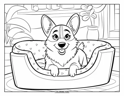 Coloriage de corgi pour enfants : Un corgi est assis confortablement dans un panier pour chien rembourré, entouré d’un décor douillet