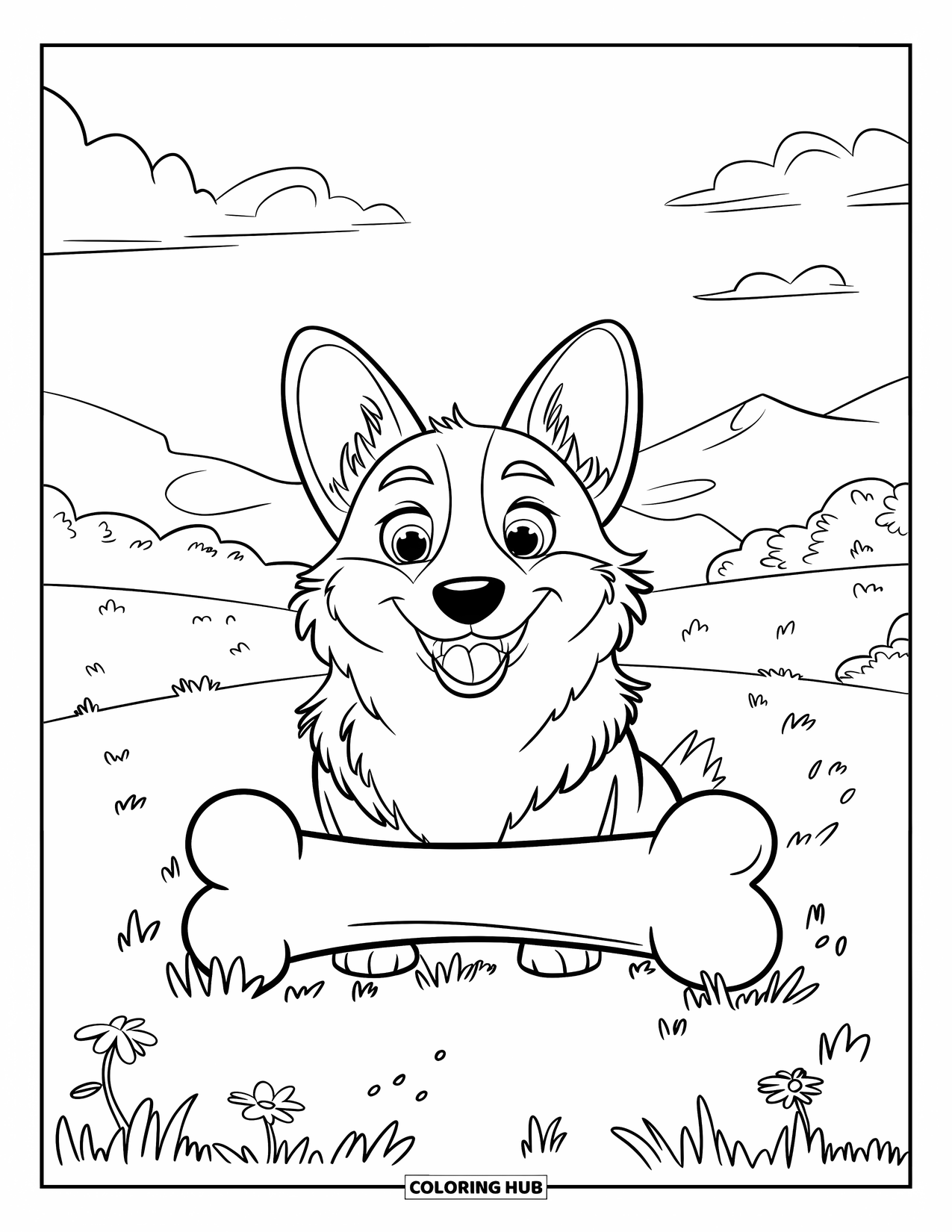 Corgi Coloring Page for Kids: A corgi sits contently in a field, a large bone resting beside blooming flowers