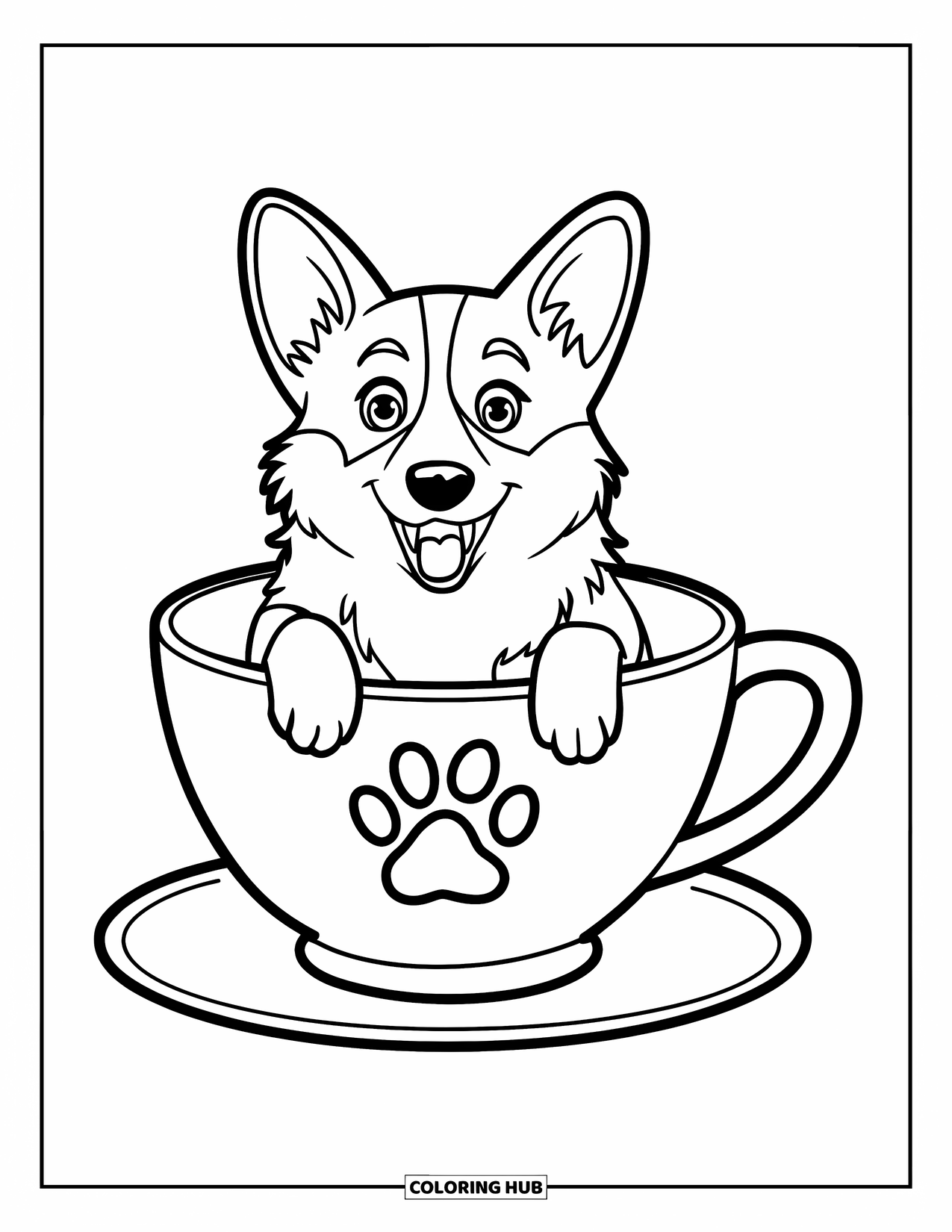 Corgi Coloring Page for Kids: A corgi sits inside a giant teacup, its paws resting on the cup's edge