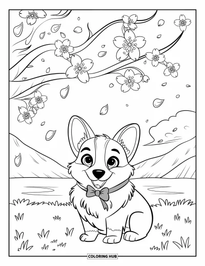 Coloriage de corgi pour enfants : Un corgi assis tranquillement sous un cerisier en fleurs tandis que des pétales tombent délicatement autour de lui