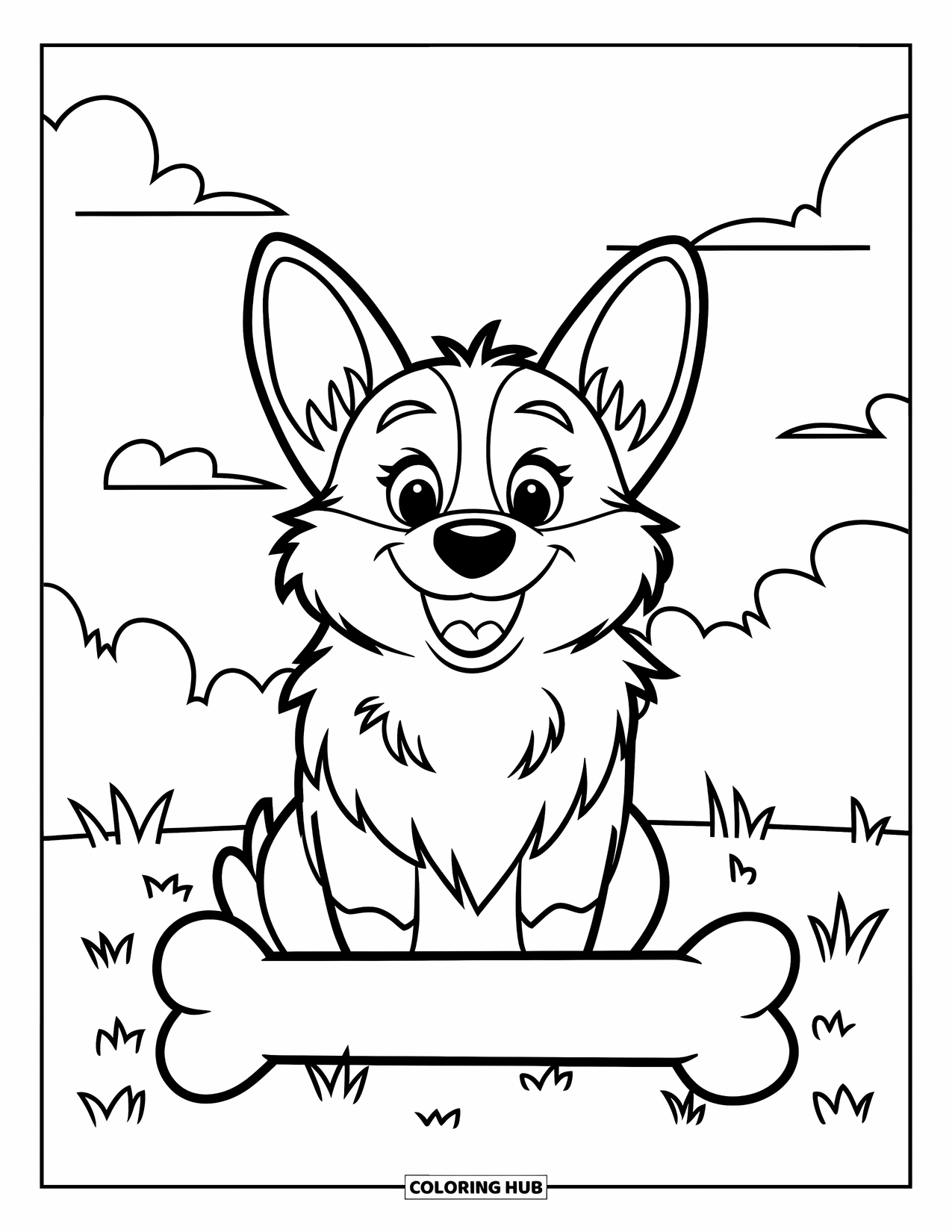 Corgi Coloring Page for Kids: A corgi sits with a bone on a grassy field, surrounded by a bright, open sky