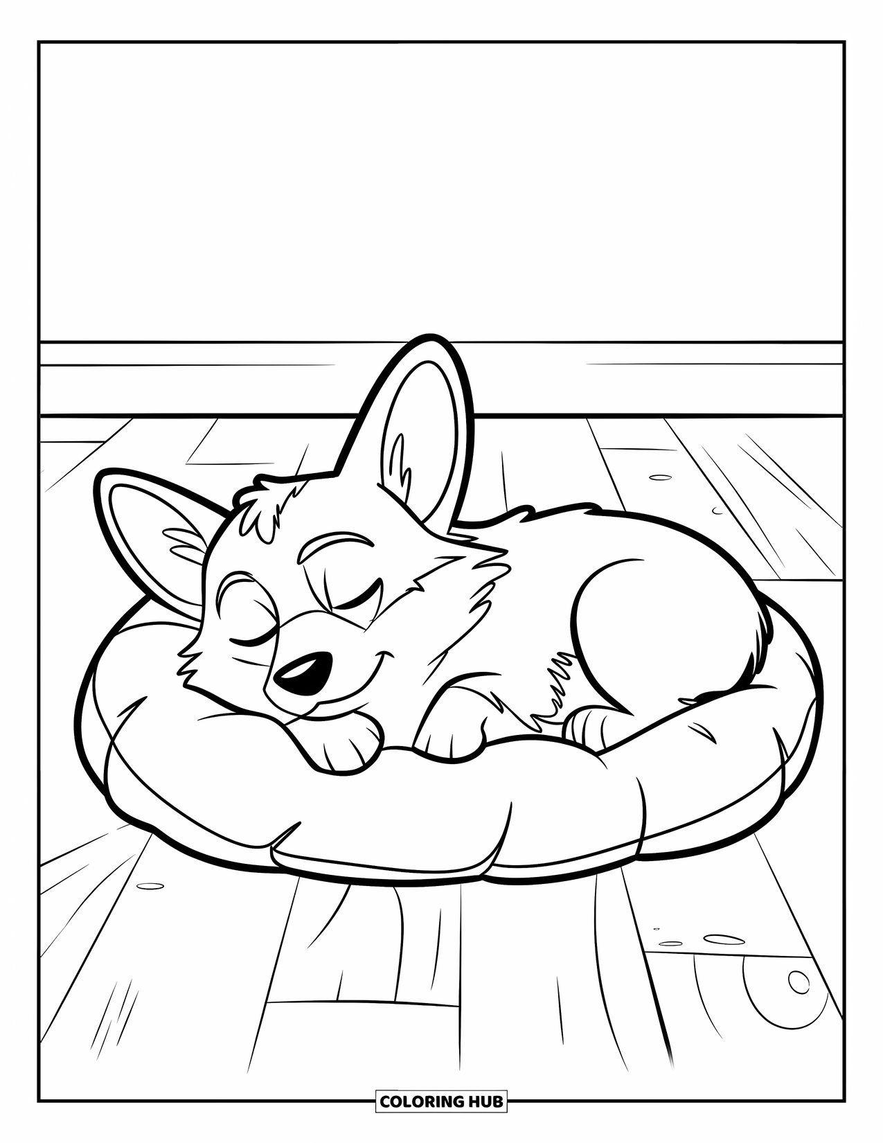 Corgi Coloring Page for Kids: A corgi sleeps soundly on a fluffy pillow, paws tucked under its body