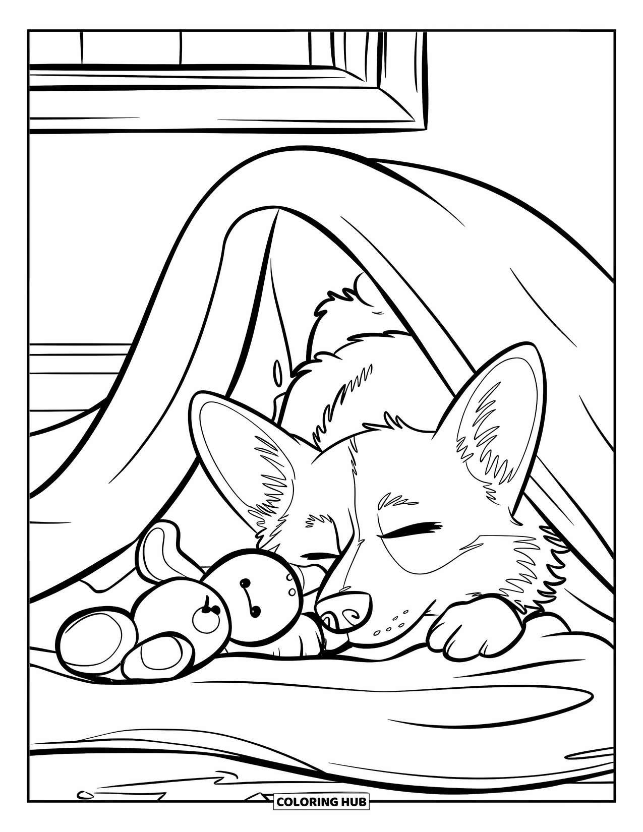 Corgi Coloring Page for Kids: A corgi sleeps under a cozy blanket, cuddling a stuffed toy in a peaceful setting