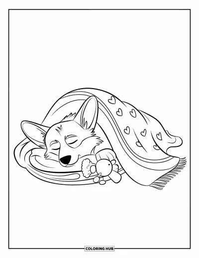 Coloriage de corgi pour enfants : Un corgi se blottit sous une couverture à motifs de cœurs, se reposant à côté d’un jouet en peluche
