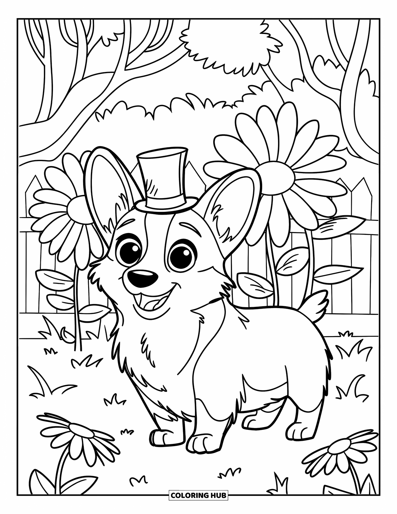 Corgi Coloring Page for Kids: A corgi stands in a flower garden, wearing a tiny top hat among blooming daisies