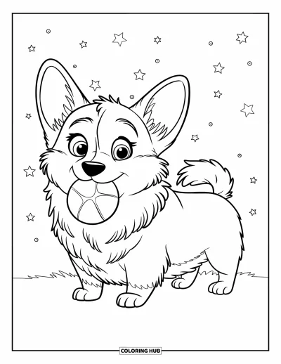 Coloriage de corgi pour enfants : Un corgi se tient dans un champ herbeux, agrippant une balle tandis que des étoiles scintillent au-dessus