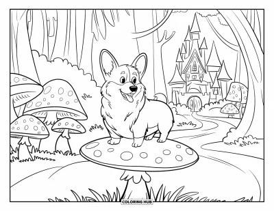 Coloriage de corgi pour enfants : Un corgi se tient sur un champignon lumineux près d’un château majestueux dans une forêt fantaisiste