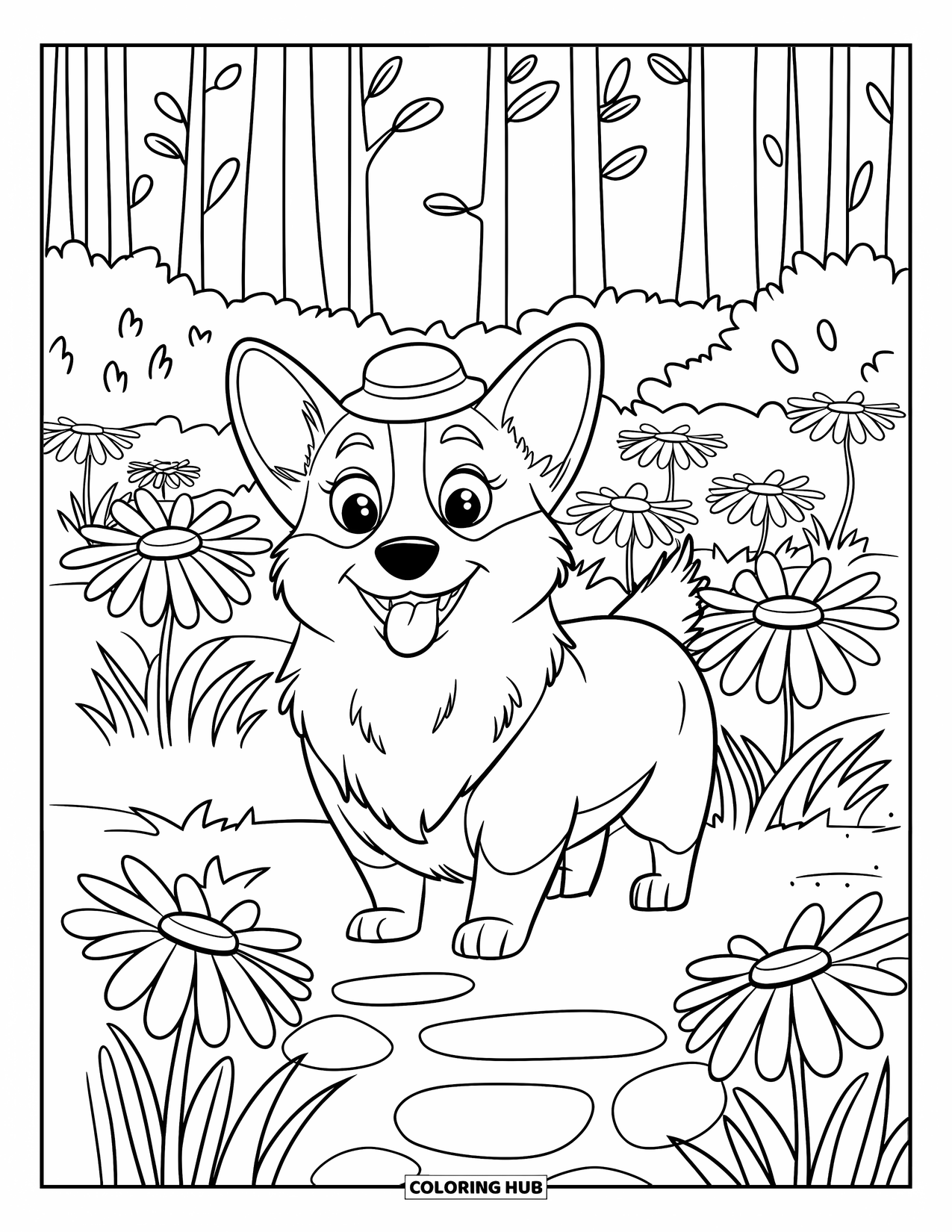 Corgi Coloring Page for Kids: A corgi strolls through a flower garden, wearing a tiny hat with a stone path nearby