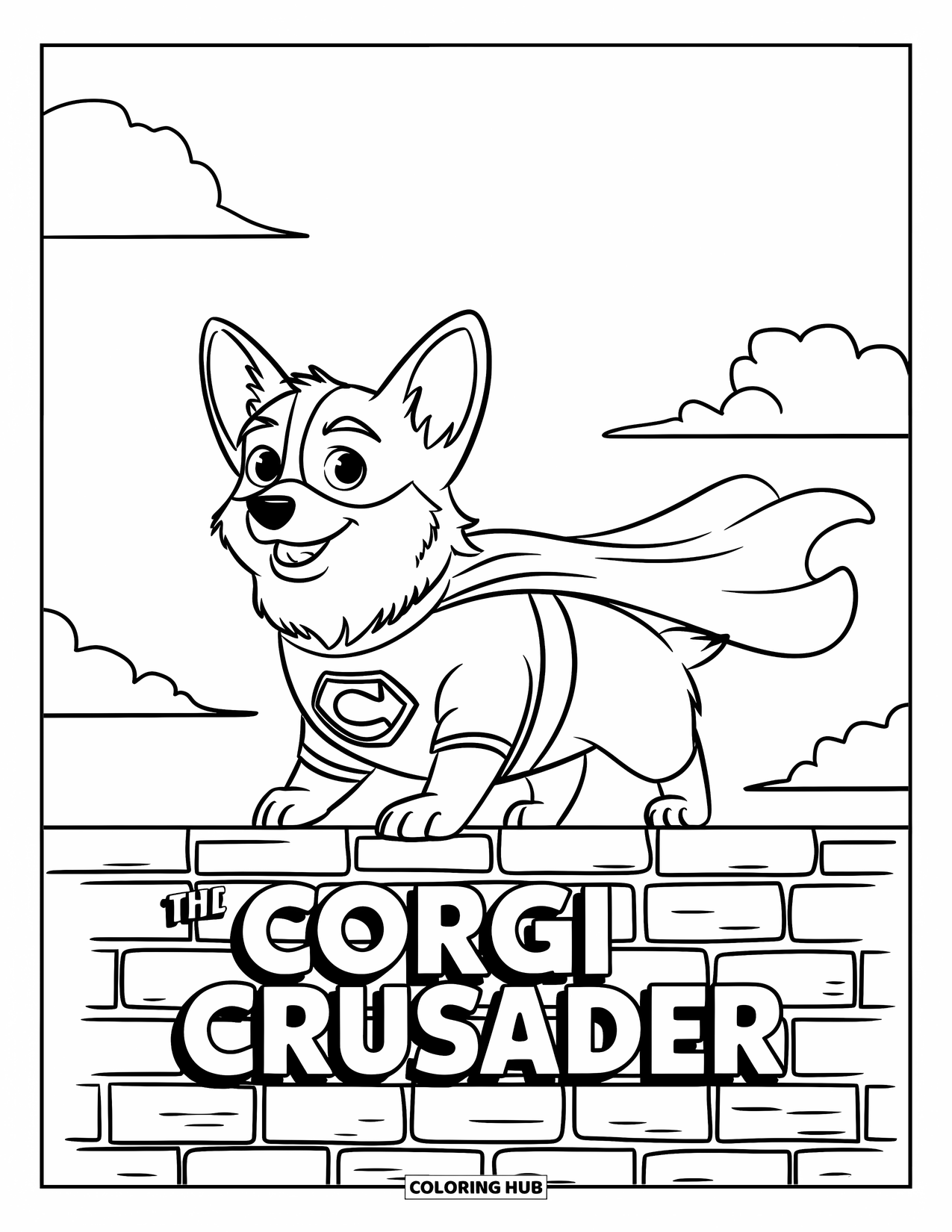 Corgi Coloring Page for Kids: A corgi superhero stands on a brick wall, cape fluttering as it surveys the city below