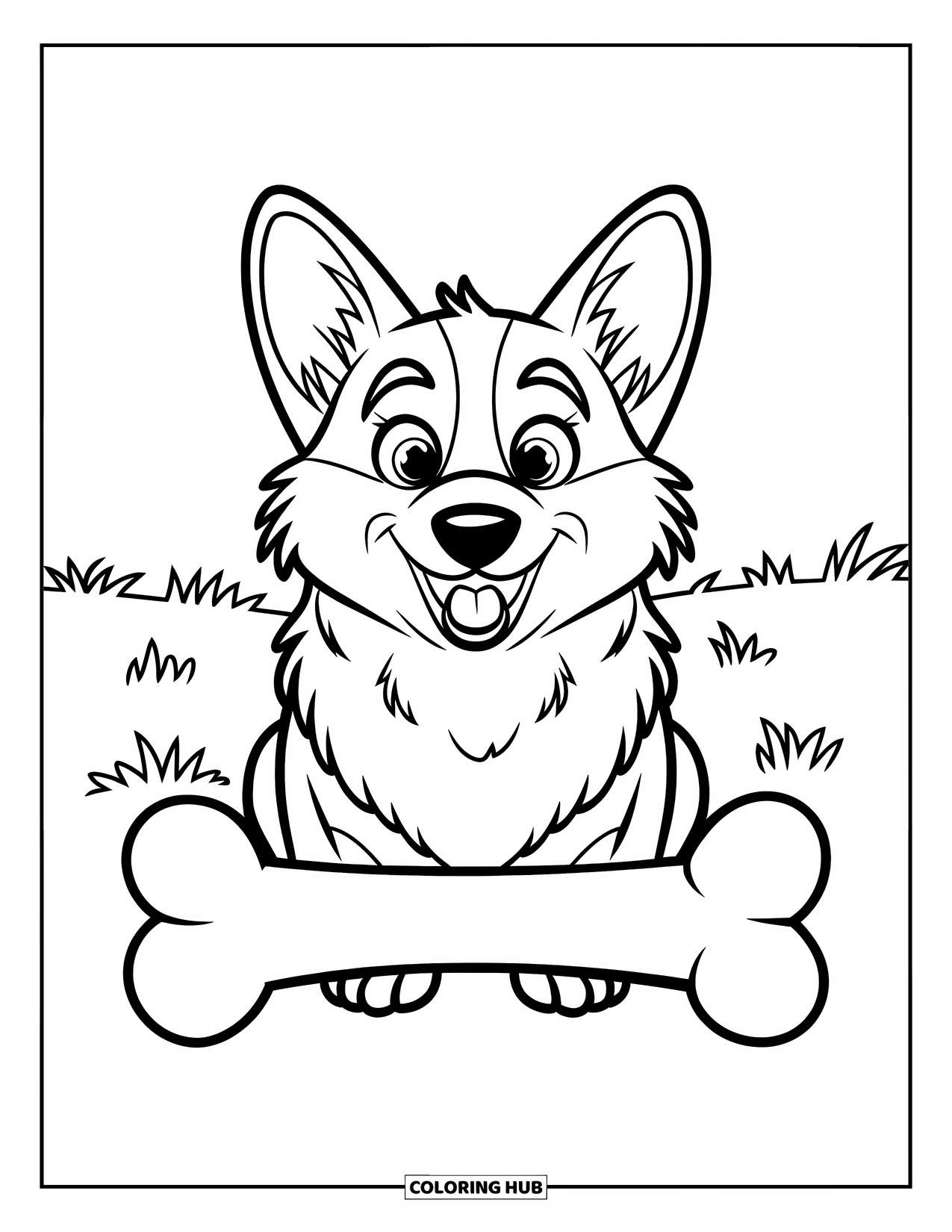 Corgi Coloring Page for Kids: A corgi wags its tail, sitting in the grass with a big bone in front