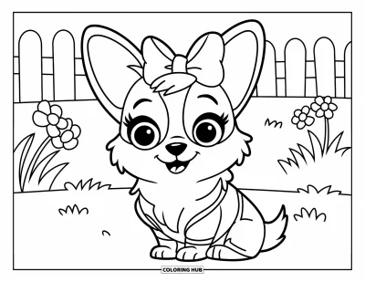 Coloriage de corgi pour enfants : Un corgi portant un nœud est assis gracieusement sur un champ, entouré de nuages légers