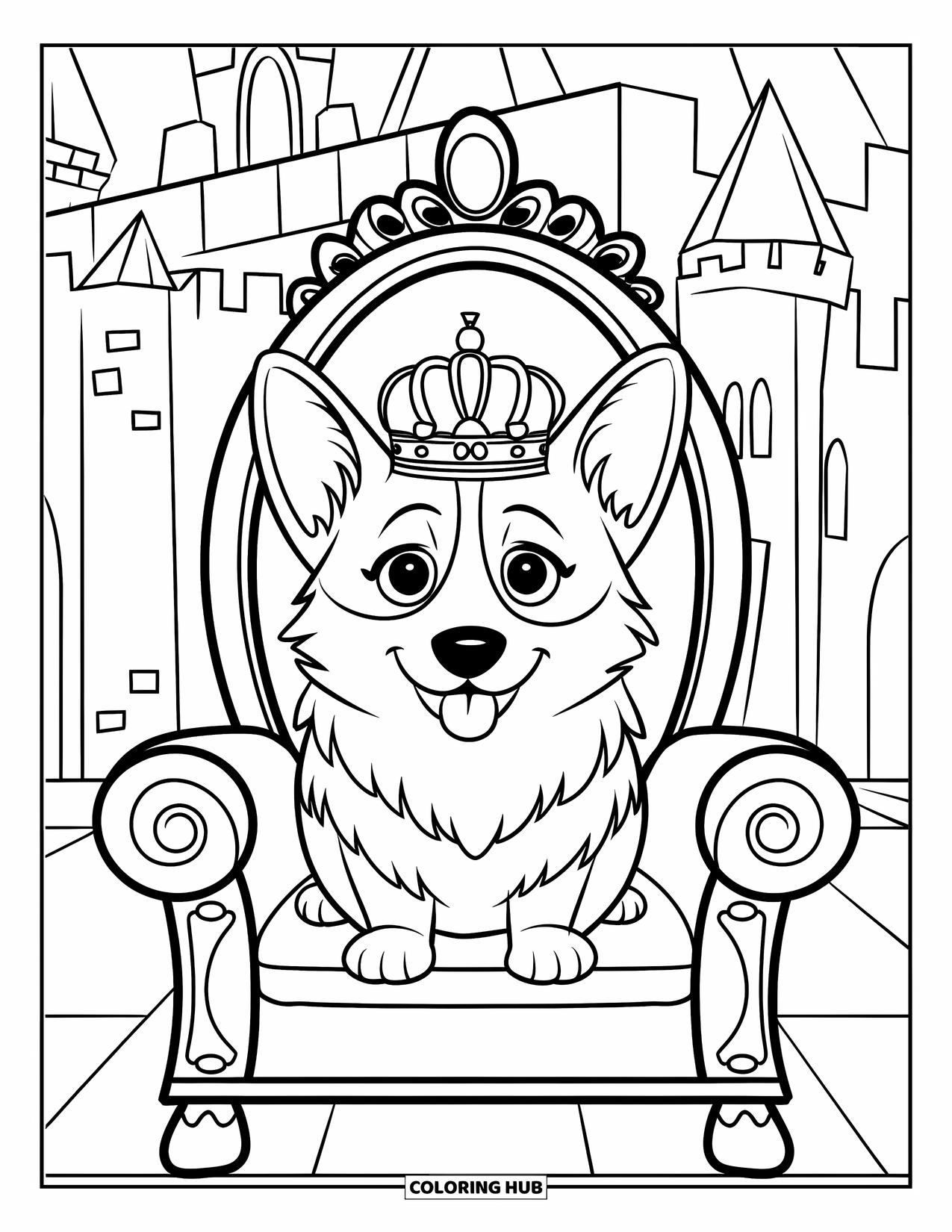 Corgi Coloring Page for Kids: A corgi wearing a crown sits regally on a throne inside a grand castle