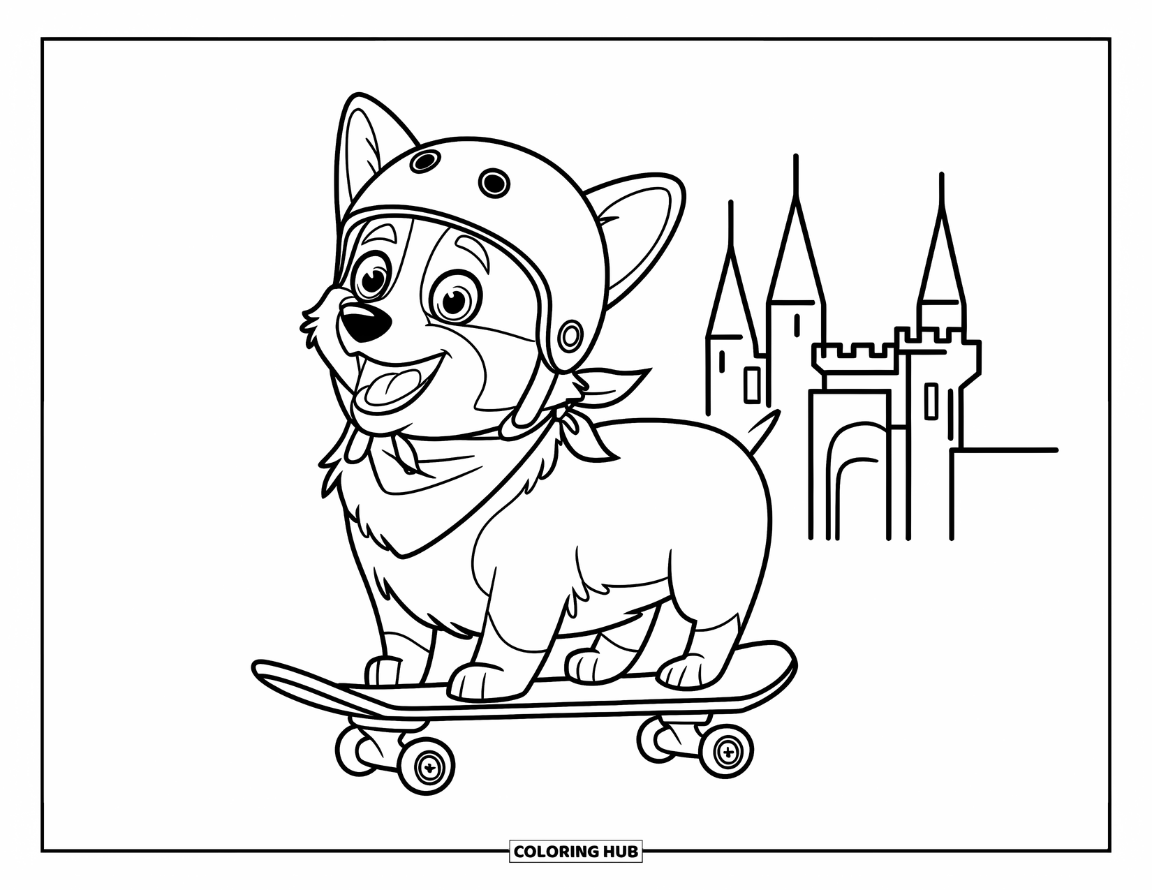 Corgi Coloring Page for Kids: A corgi, wearing a helmet, rides a skateboard near a castle with tall towers