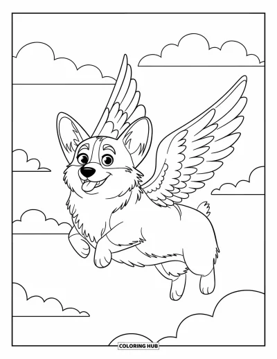 Coloriage de corgi pour enfants : Un corgi avec des ailes d’ange flotte parmi des nuages légers, planant paisiblement dans le ciel