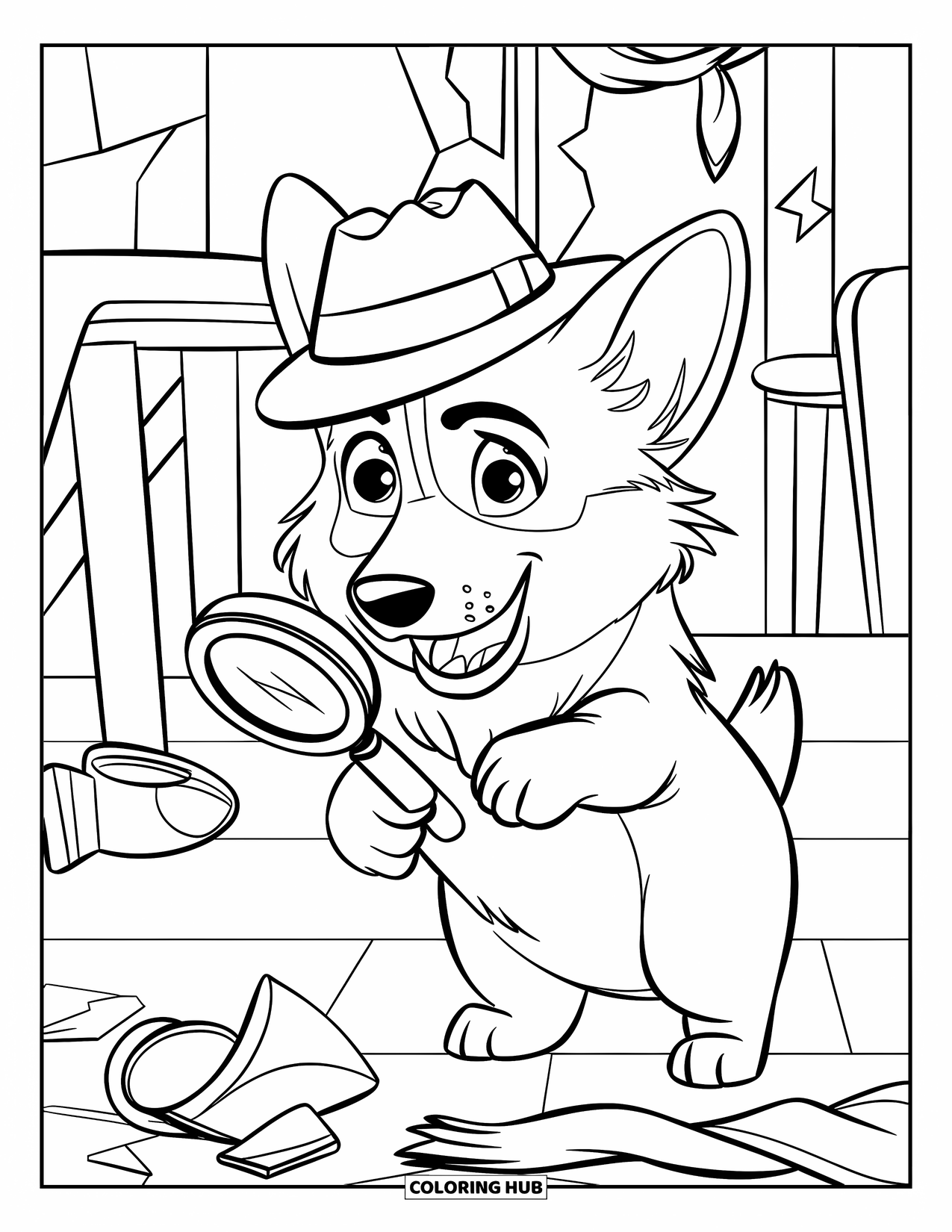 Corgi Coloring Page for Kids: A detective corgi, wearing a hat, searches for clues at a crime scene with overturned furniture
