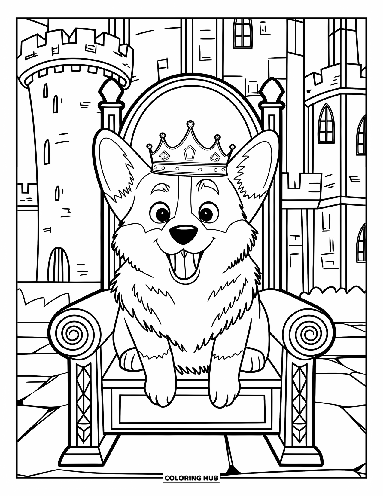 Corgi Coloring Page for Kids: A fluffy corgi sits on a stone throne in front of a towering castle