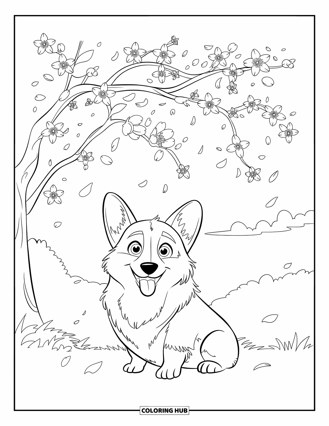 Corgi Coloring Page for Kids: A fluffy corgi sits on the grass under a cherry blossom tree, surrounded by falling petals