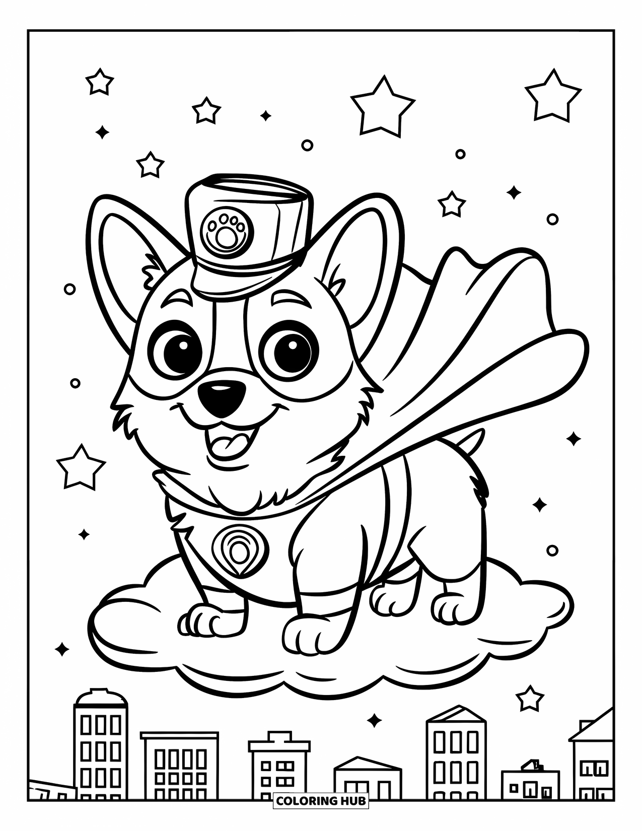 Corgi Coloring Page for Kids: A heroic corgi in a cape stands tall above the city skyline, ready to save the day