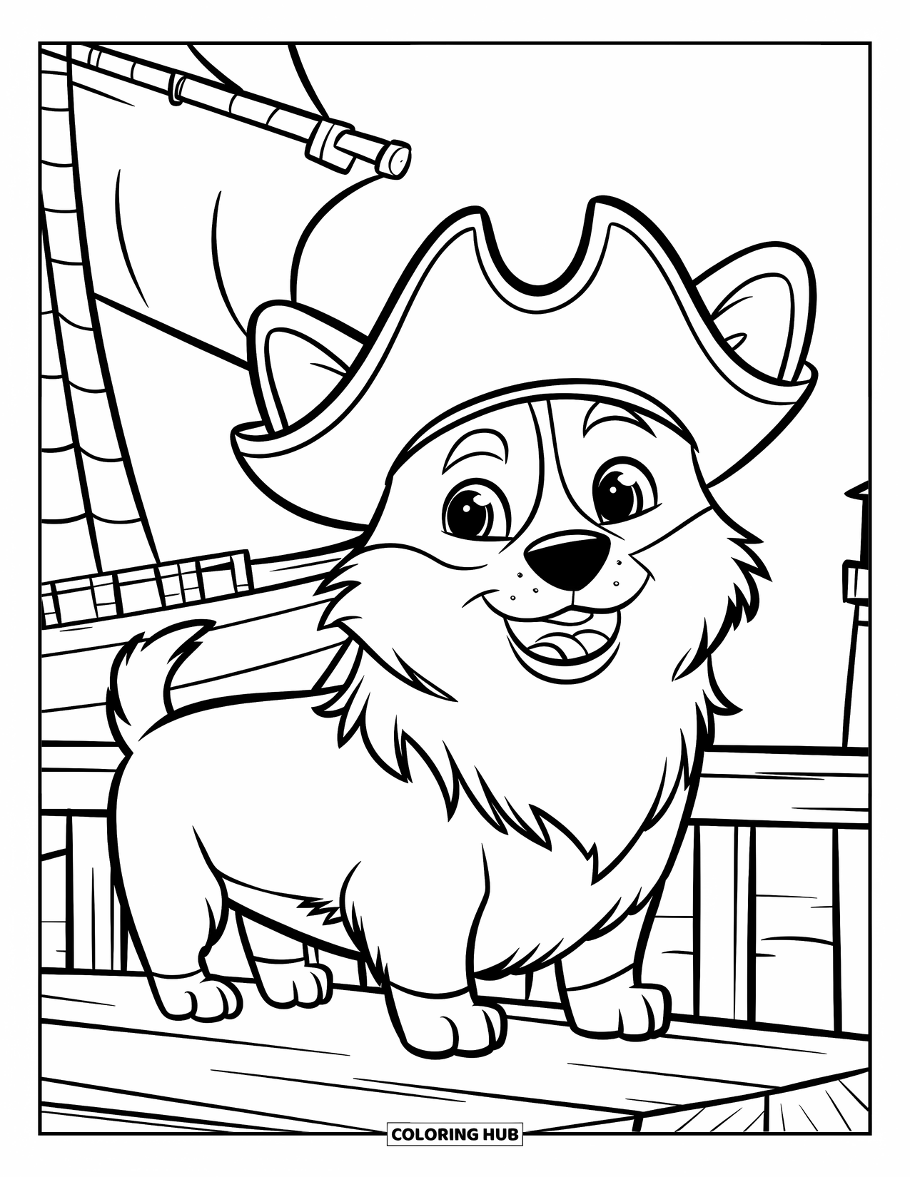 Corgi Coloring Page for Kids: A pirate corgi stands proudly on a wooden plank with a ship and lighthouse in the background