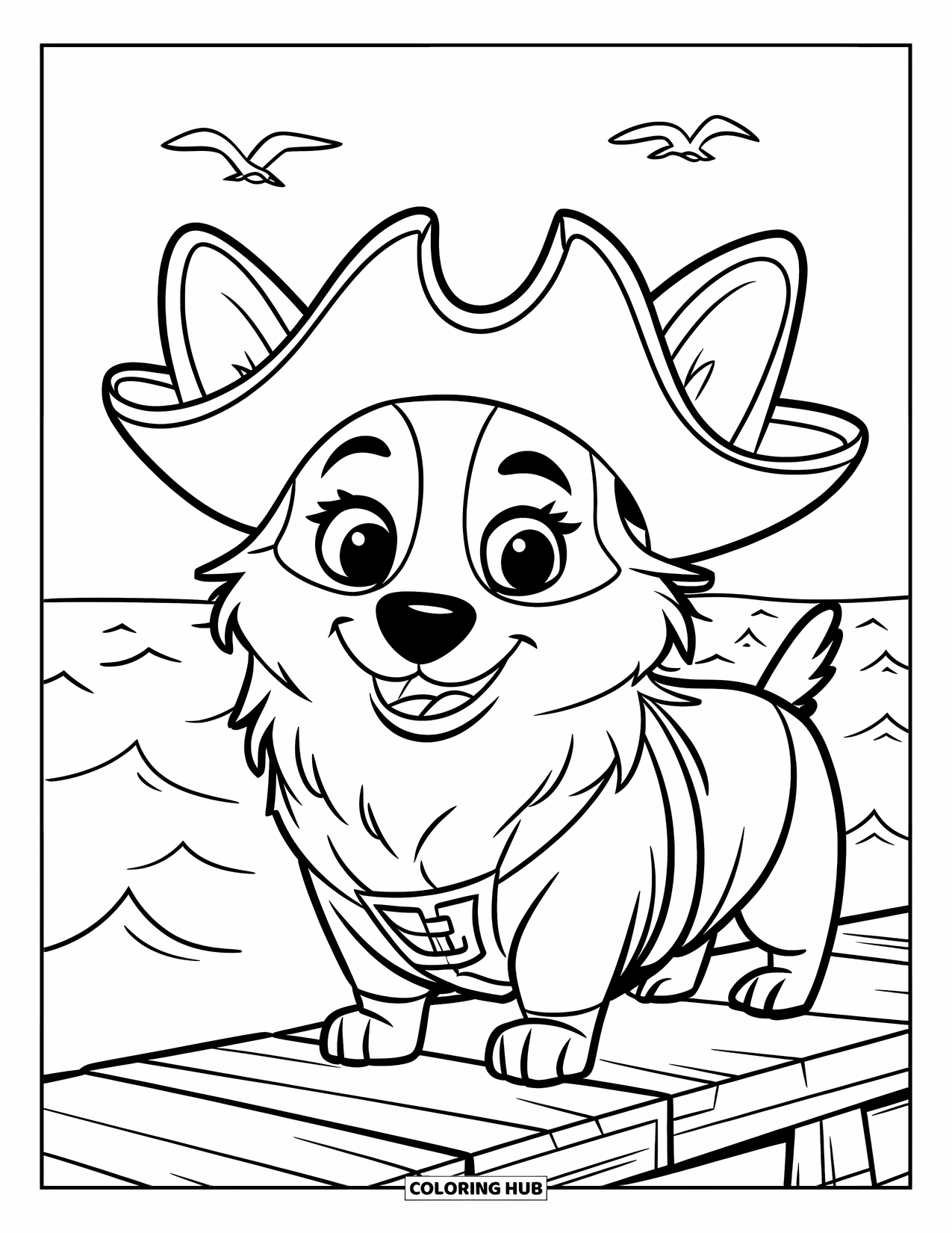 Corgi Coloring Page for Kids: A pirate corgi, wearing a hat, confidently stands on a wooden plank above rolling ocean waves