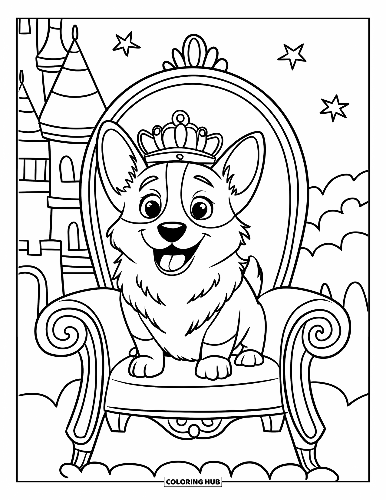 Corgi Coloring Page for Kids: A royal corgi sits on a small throne among the clouds, surrounded by stars