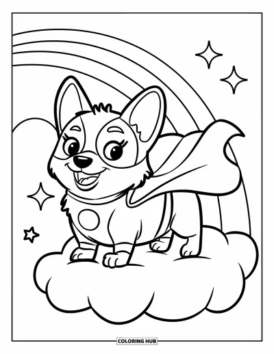 Coloriage de corgi pour enfants : Un corgi superhéros se tient sur un nuage, sa cape flottant sur fond d’étoiles et d’arcs-en-ciel