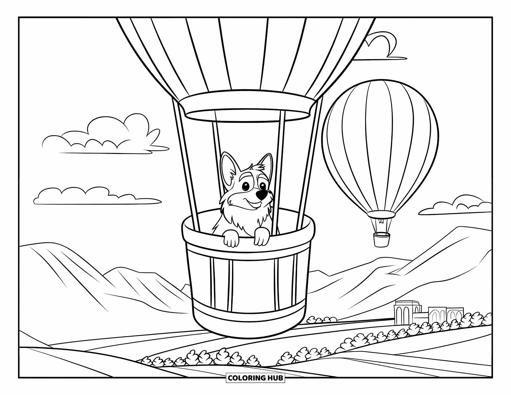 Corgi Coloring Page for Kids: The corgi sits in a hot air balloon basket, gazing over the vast landscape below