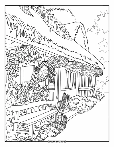 Landhaus-Ausmalbild für Erwachsene: Ein botanisches Garten-Landhaus mit hängenden Pflanzen, sattem Grün und rustikaler Holzbank