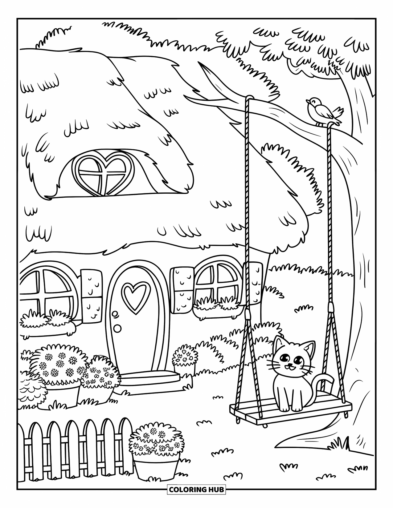 Cottage Coloring Page for Adults: A charming cottage with a tree swing, potted plants, and a bird perched on the rooftop