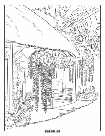 Landhaus-Ausmalbild für Erwachsene: Ein charmantes Landhaus mit herabfließendem Grün, blühenden Blumen und einer friedlichen Gartenbank