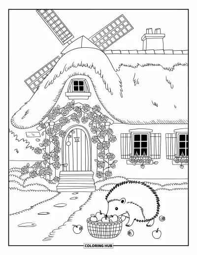 Landhaus-Ausmalbild für Erwachsene: Ein charmantes Landhaus mit Holzläden, einer Windmühle und einem Igel, der einen Obstkorb erkundet