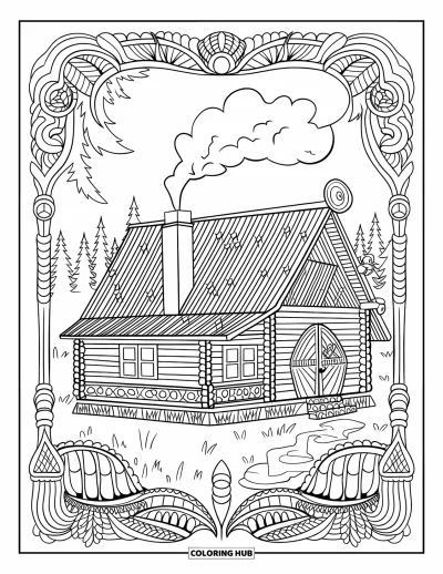 Landhaus-Ausmalbild für Erwachsene: Eine charmante Blockhütte mit Holzmaserung, Schornstein und dichtem Wald im Hintergrund