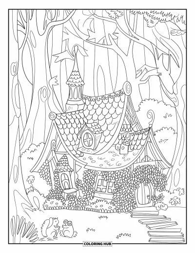 Landhaus-Ausmalbild für Erwachsene: Ein charmantes Landhaus mit Türmchen, versteckt im Wald, mit efeubewachsenen Wänden und winzigen Tieren in der Nähe