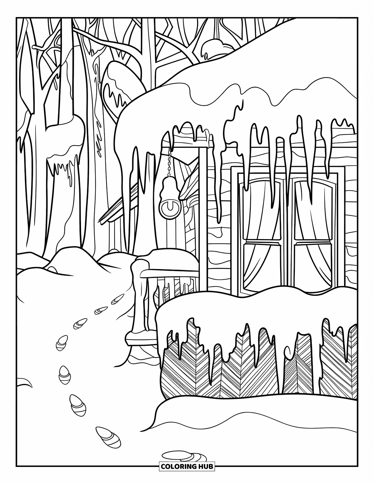 Cottage Coloring Page for Adults: A charming winter cabin with a glowing window, snowy trees, and a cozy wooden porch