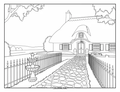 Landhaus-Ausmalbild für Erwachsene: Ein klassisches europäisches Landhaus mit Holzläden, Brunnen und üppigen Kletterpflanzen