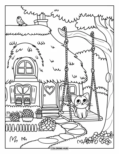 Landhaus-Ausmalbild für Erwachsene: Ein Landhaus mit einer Schaukel am Baum, einer freundlichen Katze und einem blühenden Vorgarten