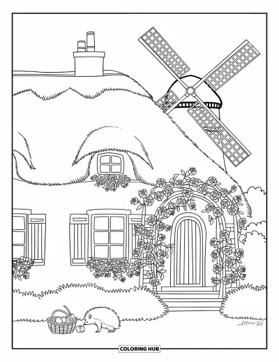 Landhaus-Ausmalbild für Erwachsene: Ein Landhaus auf dem Land mit drehender Windmühle, einem Igel und einem Korb mit Äpfeln in der Nähe