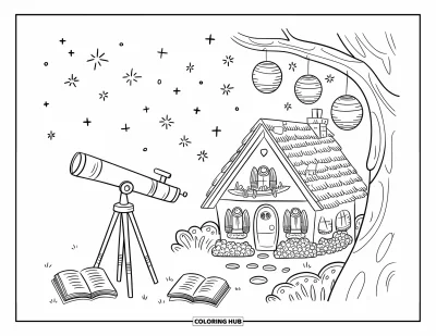 Landhaus-Ausmalbild für Erwachsene: Ein gemütliches Landhaus unter Sternenhimmel mit Teleskop, Laternen und offenen Büchern draußen