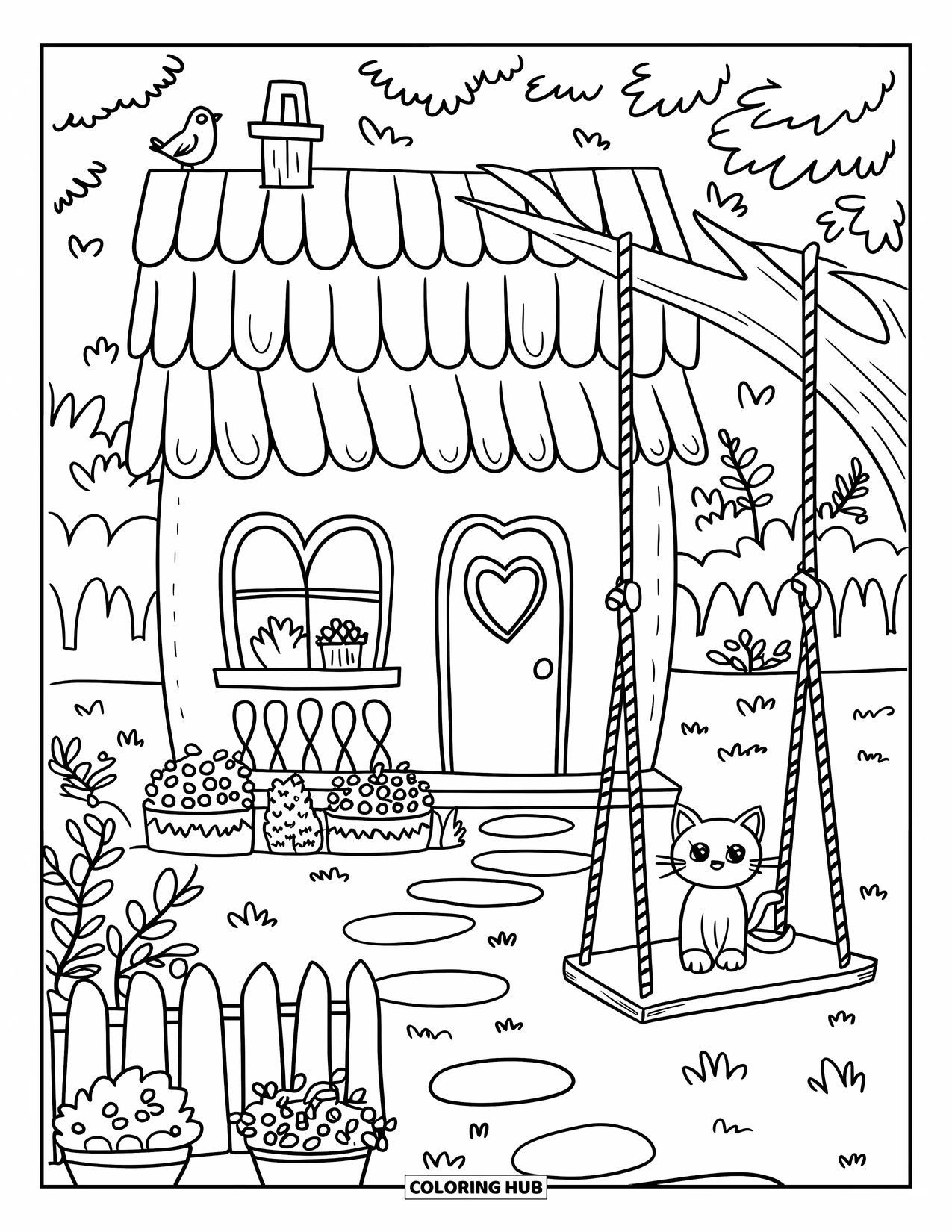 Cottage Coloring Page for Adults: A cozy cottage with a wooden swing, a curious kitten, and heart-shaped windows