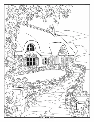 Landhaus-Ausmalbild für Erwachsene: Ein gemütliches Landhaus auf dem Land mit Reetdach, blumengesäumten Wänden und gewundenem Gartenweg