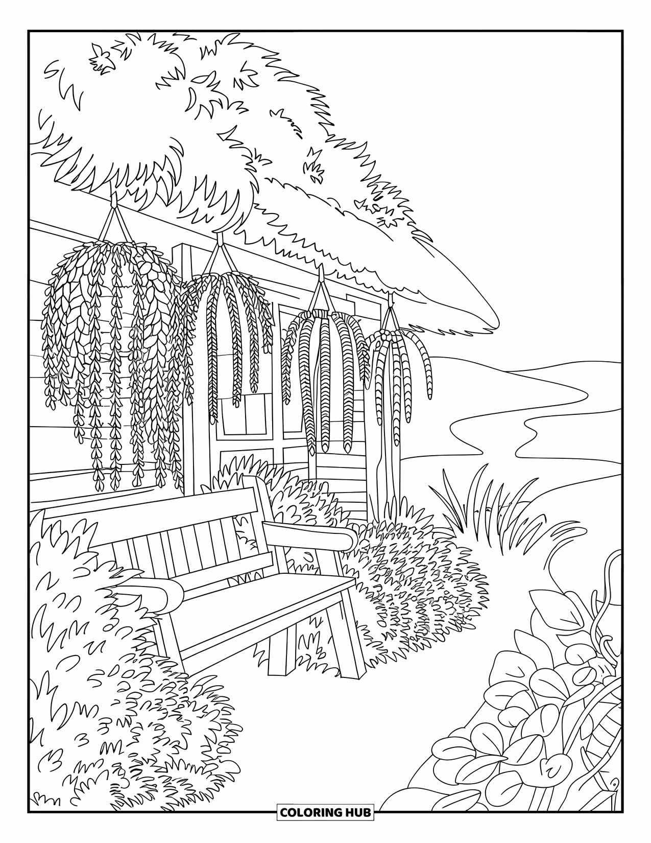 Cottage Coloring Page for Adults: A cozy garden cottage with a thatched roof, ivy-covered walls, and a bench surrounded by plants