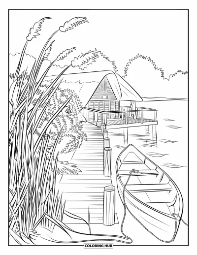 Landhaus-Ausmalbild für Erwachsene: Ein gemütliches Haus am See mit Holzdeck, Ruderboot und friedlichem Bergblick