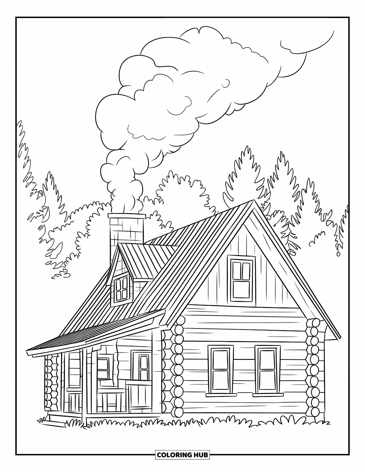 Cottage Coloring Page for Adults: A cozy log cabin with a smoking chimney, surrounded by a dense forest and tall pine trees
